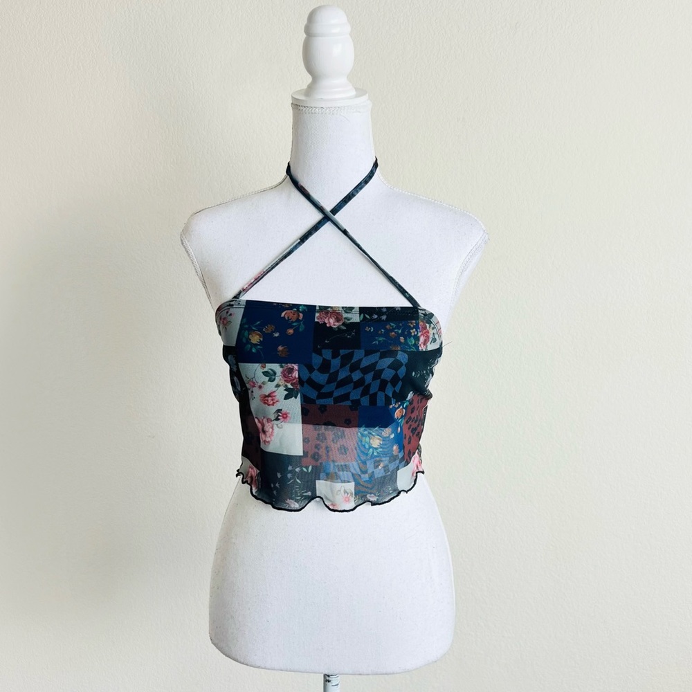 Patchwork Multicolor Mesh Criss Cross Halter Band… - image 1